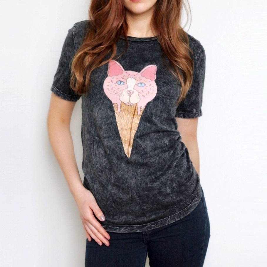 Women's Cat Ice Cream Tshirt Super Soft Mineral Wash Graphic Tee